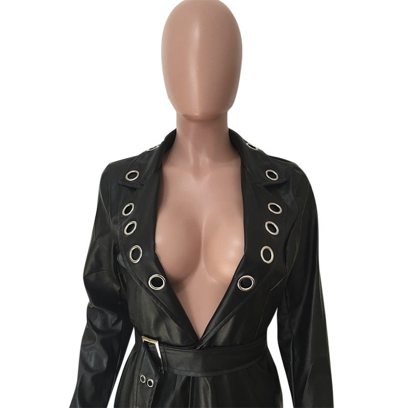 Eyelet belt V-neck jacket leather jacket