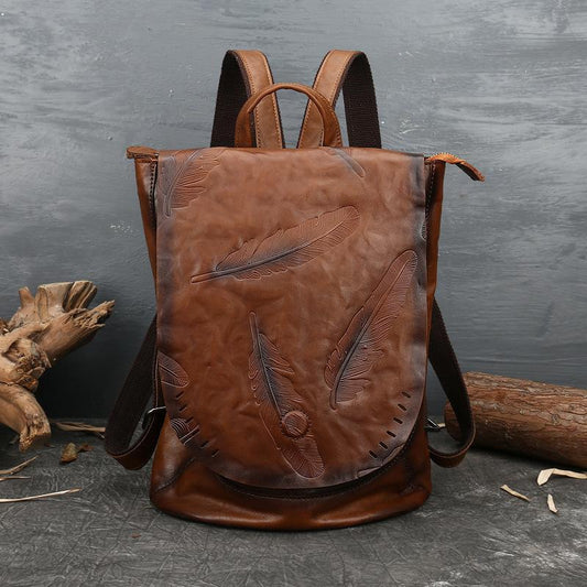 Retro Embossed Women's Backpacks In Cowhide