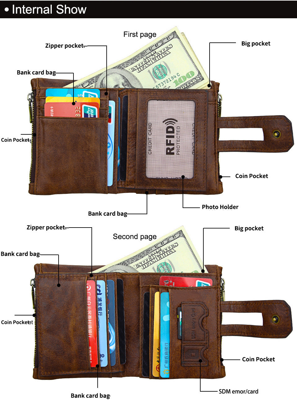 Anti-theft brush RFID first layer cowhide wallet