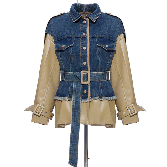 Denim stitching leather jacket