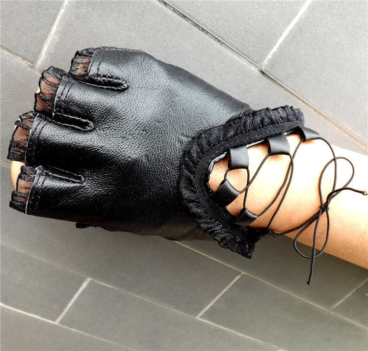 Women's leather half palm half finger gloves