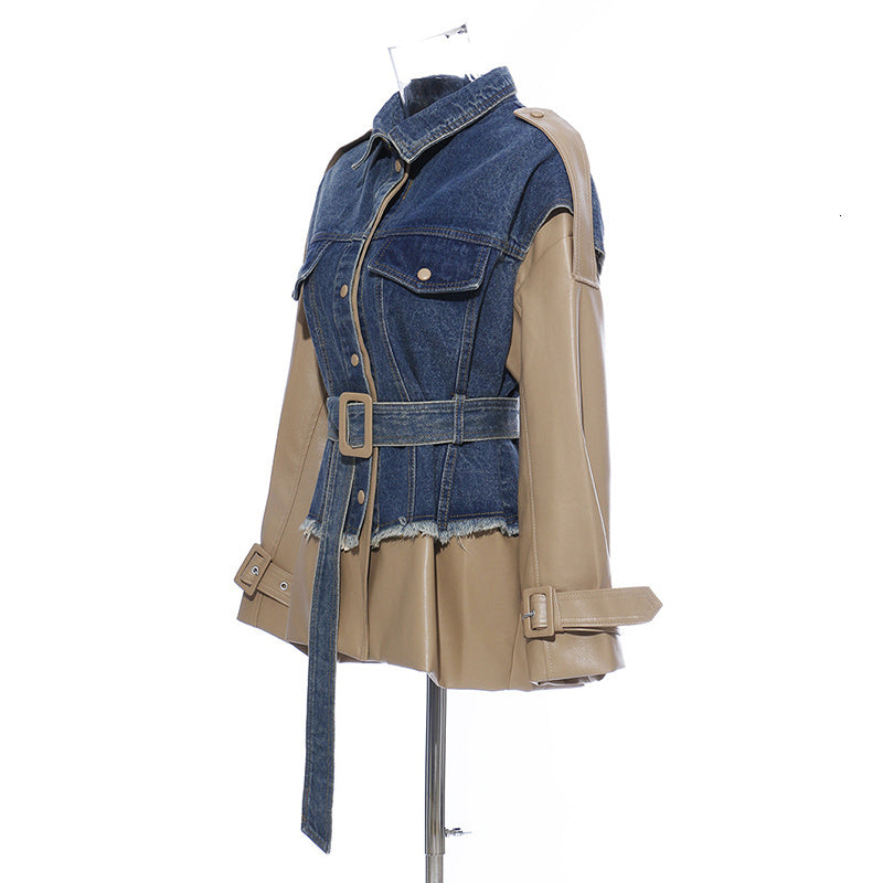 Denim stitching leather jacket