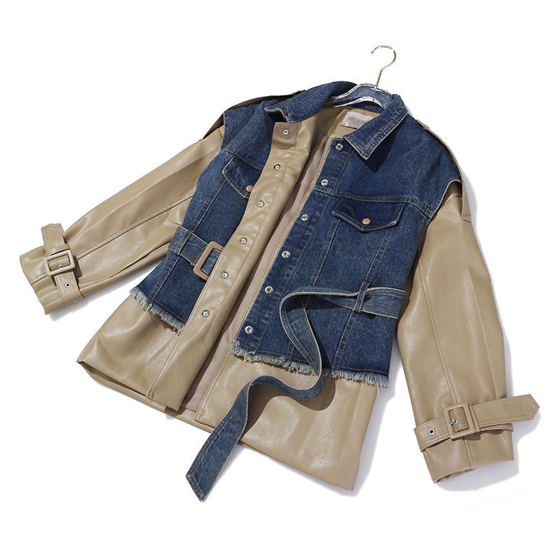 Denim stitching leather jacket