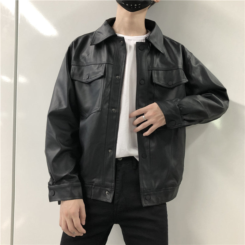 Men's Leather Jacket Men's Youth Loose Lapel Workwear Pu Leather Jacket