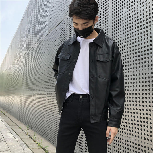 Men's Leather Jacket Men's Youth Loose Lapel Workwear Pu Leather Jacket