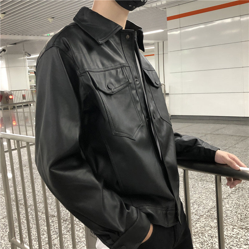 Men's Leather Jacket Men's Youth Loose Lapel Workwear Pu Leather Jacket