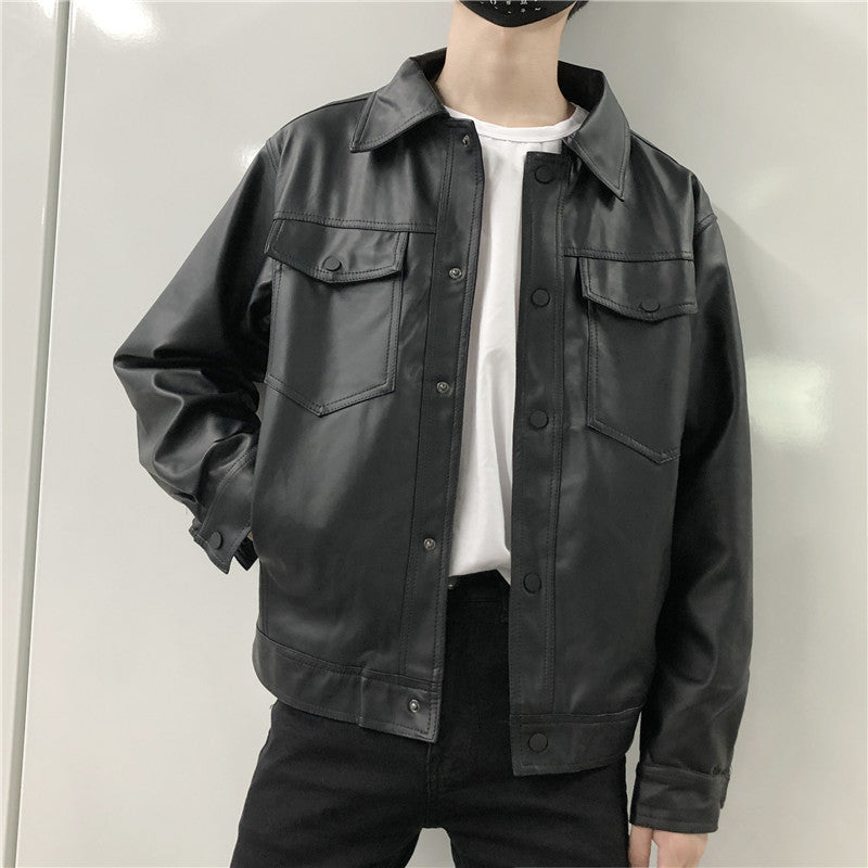 Men's Leather Jacket Men's Youth Loose Lapel Workwear Pu Leather Jacket