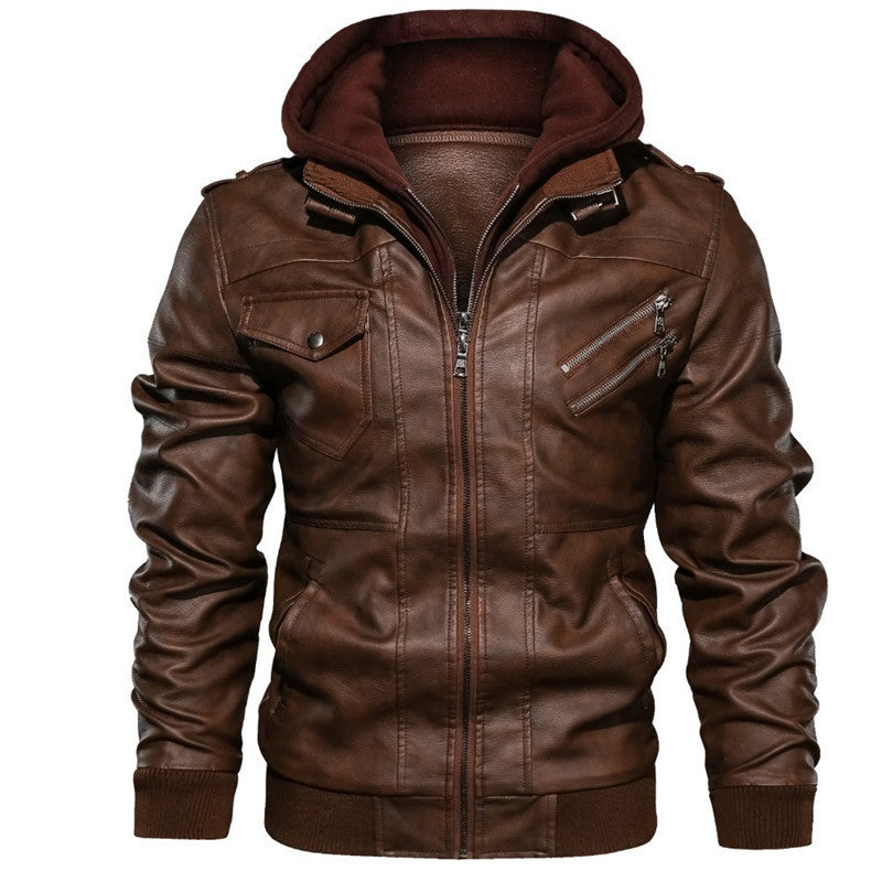 Spring, Autumn And Winter New Leather Jacket Men's Hooded Leather Jacket Youth Men's Jacket