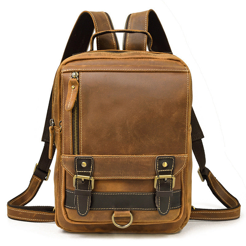 Horse Leather Men'S Backpack Multifunctional Leather Student Backpack Outdoor Travel Chest Bag Messenger Bag