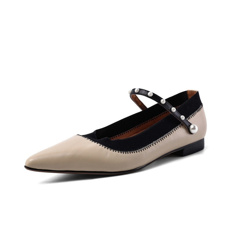 Spring New Low-Heeled Shoes, Leather Pointed Toe Women'S Shoes, All Leather Shoes, Beaded