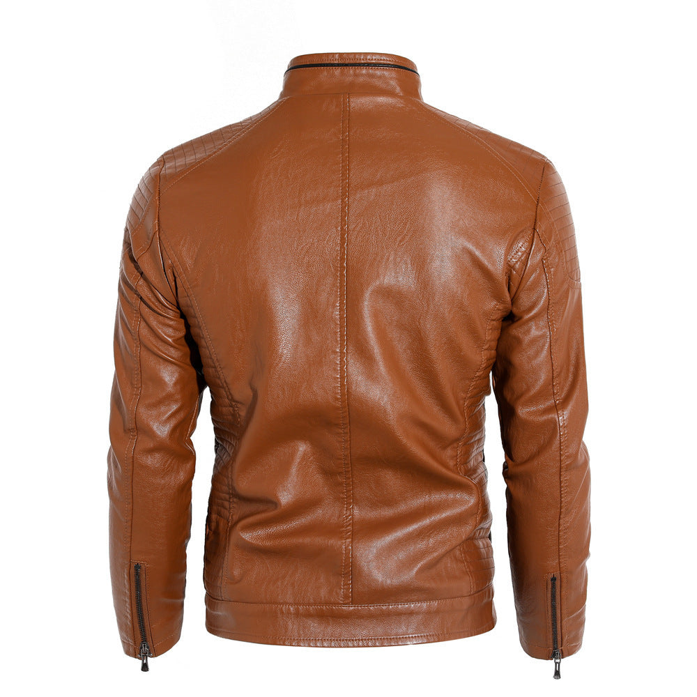 Men's Leather Jacket With Stand Collar PU Motorcycle Leather Jacket