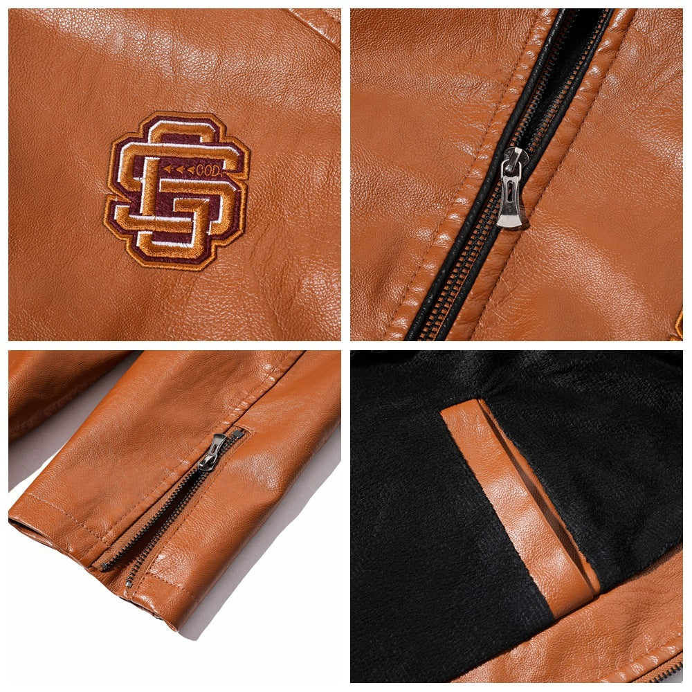 Men's Leather Jacket With Stand Collar PU Motorcycle Leather Jacket