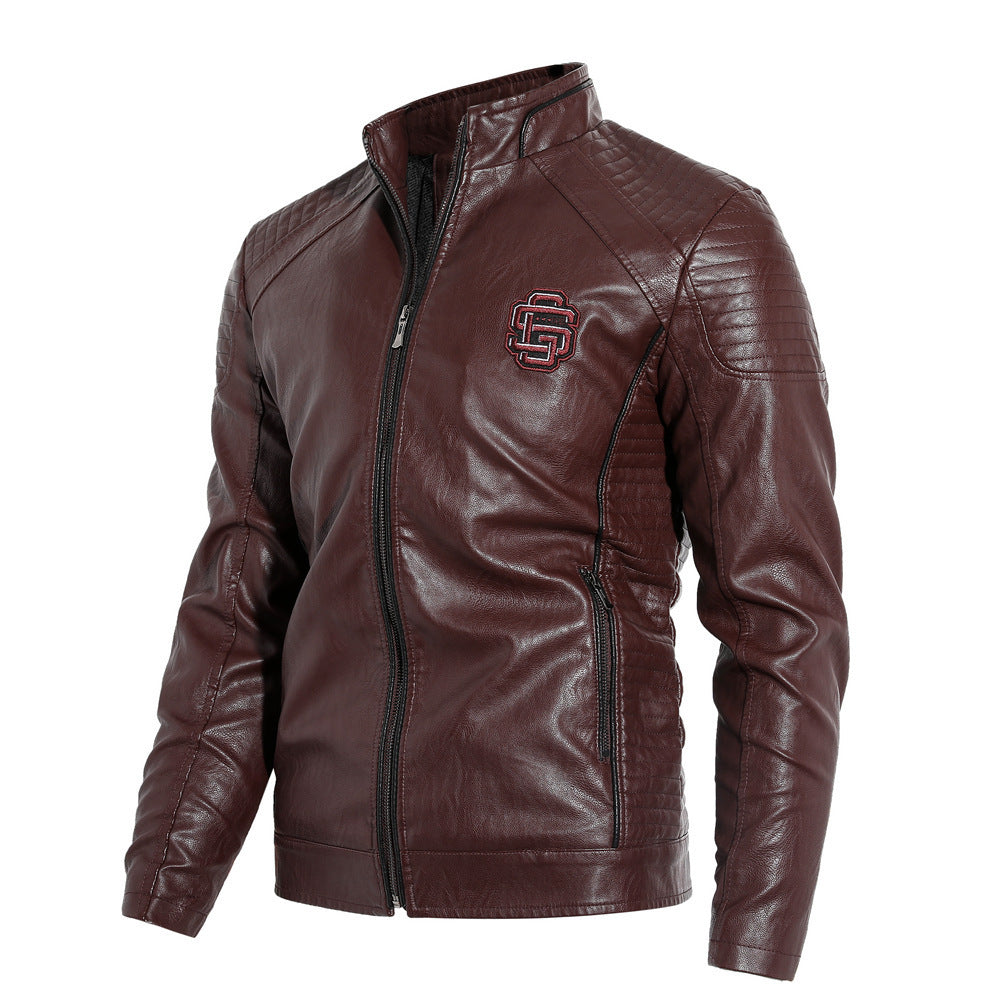 Men's Leather Jacket With Stand Collar PU Motorcycle Leather Jacket