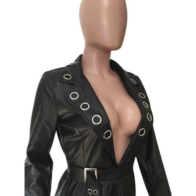 Eyelet belt V-neck jacket leather jacket