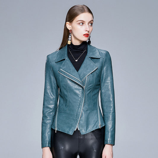 Trendy Motorcycle Leather Slim V-Neck Women's Leather Jacket