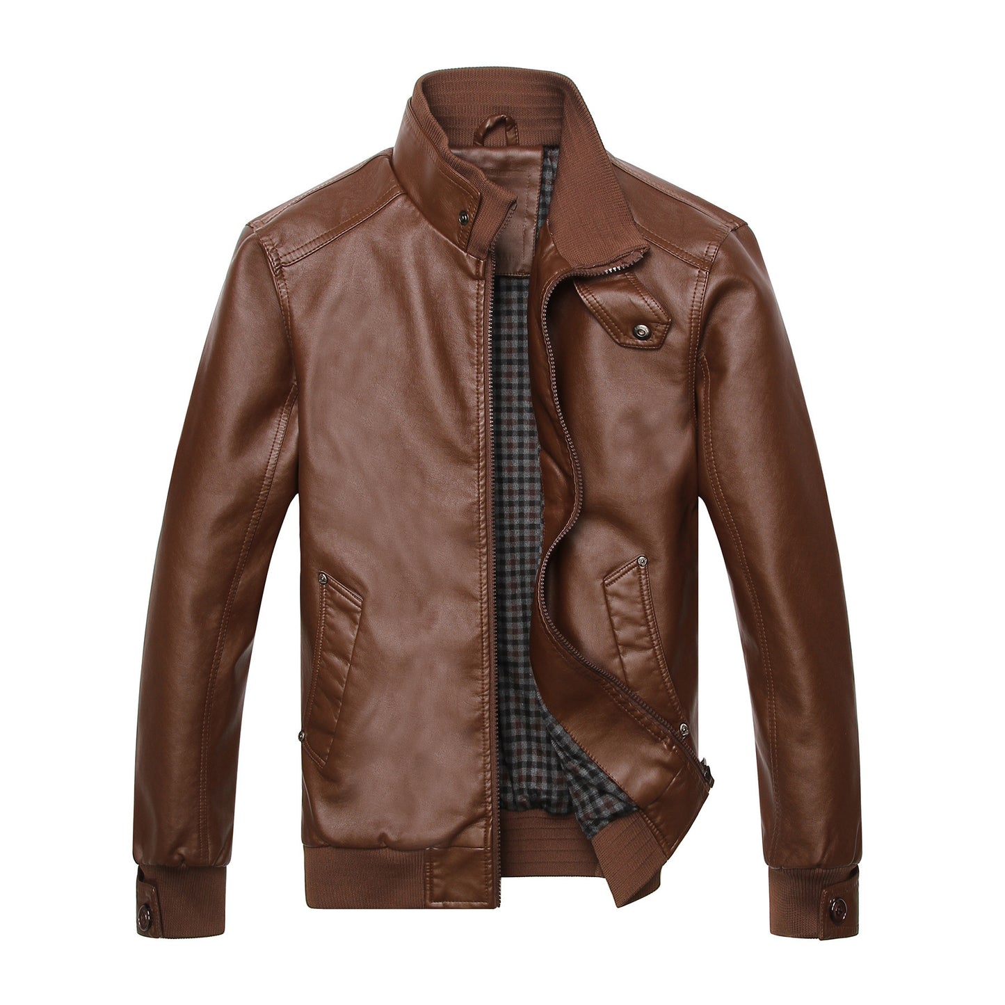 Stand-up collar leather padded leather jacket