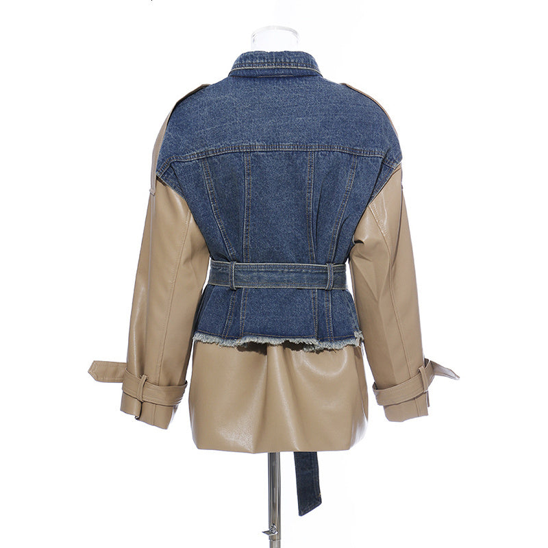 Denim stitching leather jacket