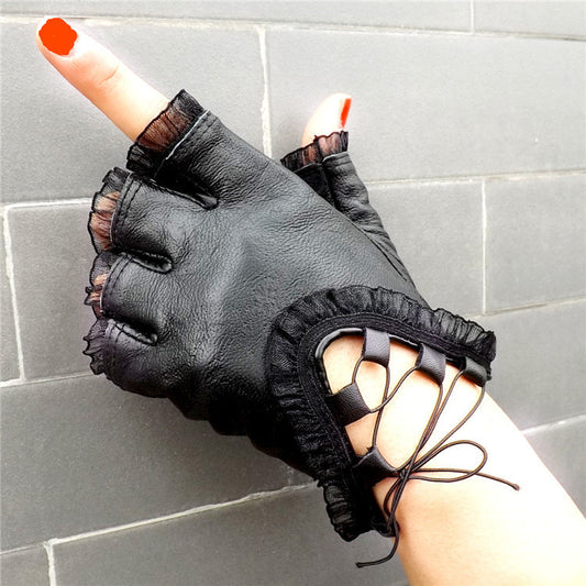 Women's leather half palm half finger gloves