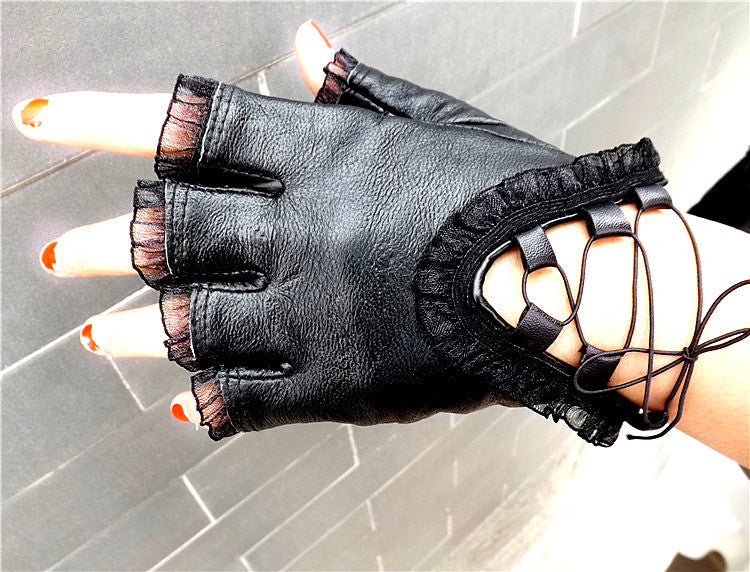 Women's leather half palm half finger gloves