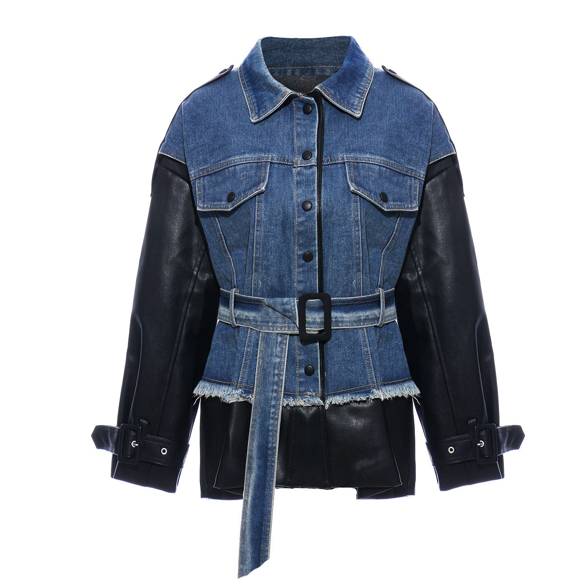 Denim stitching leather jacket