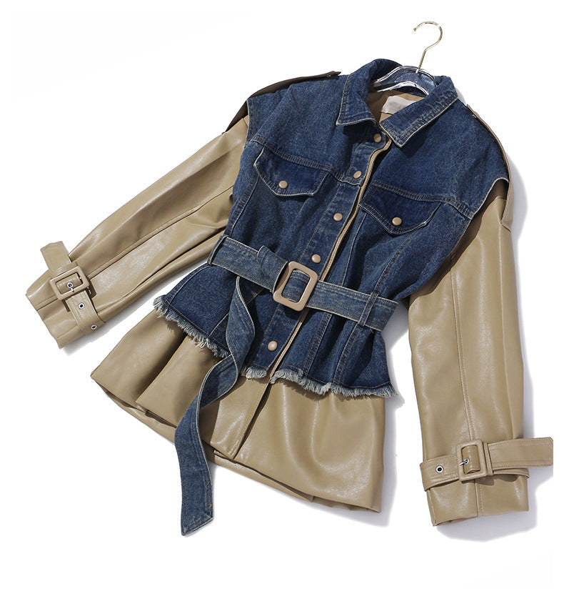 Denim stitching leather jacket