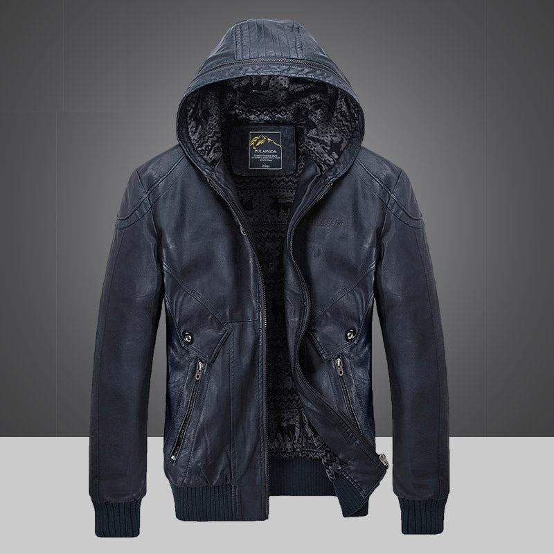 Thickened leather hooded jacket