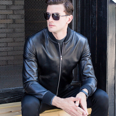 Leather men's baseball collar leather jacket