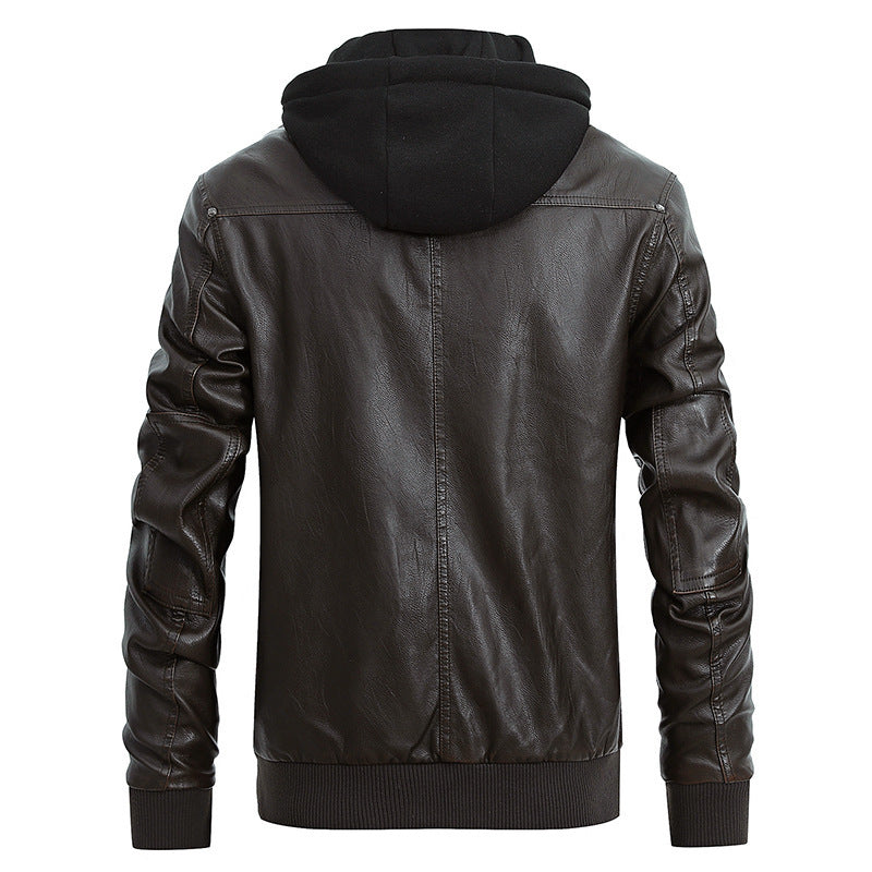 Detachable Hood Men's PU Leather Hooded Jacket Plus Velvet Leather Jacket