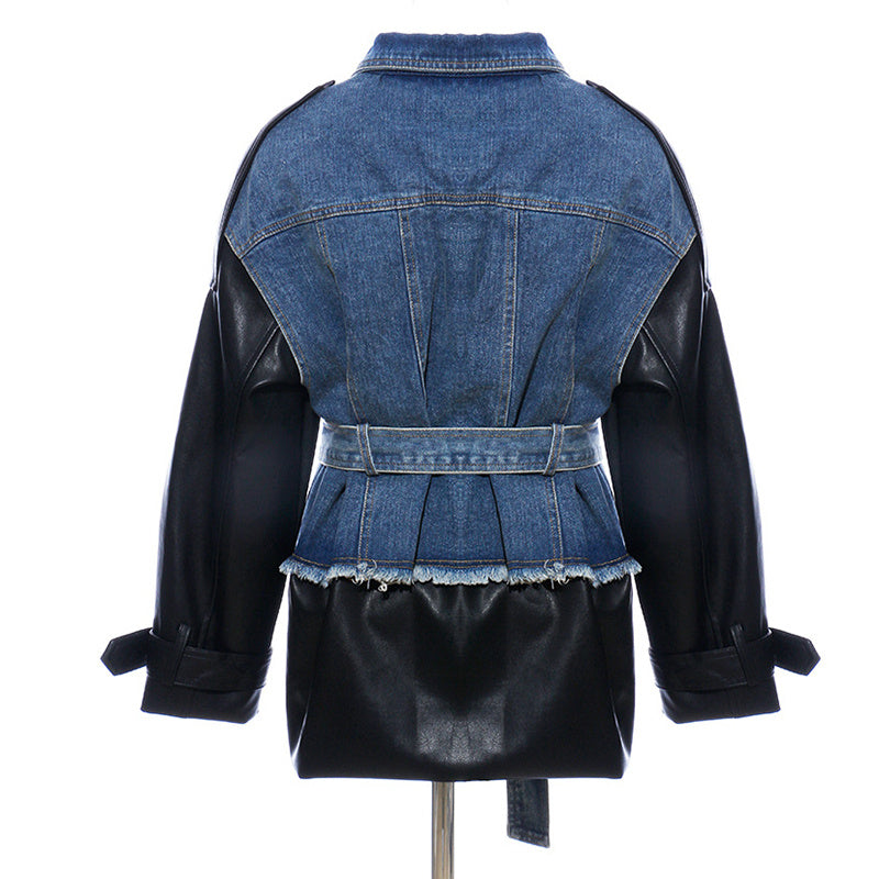 Denim stitching leather jacket