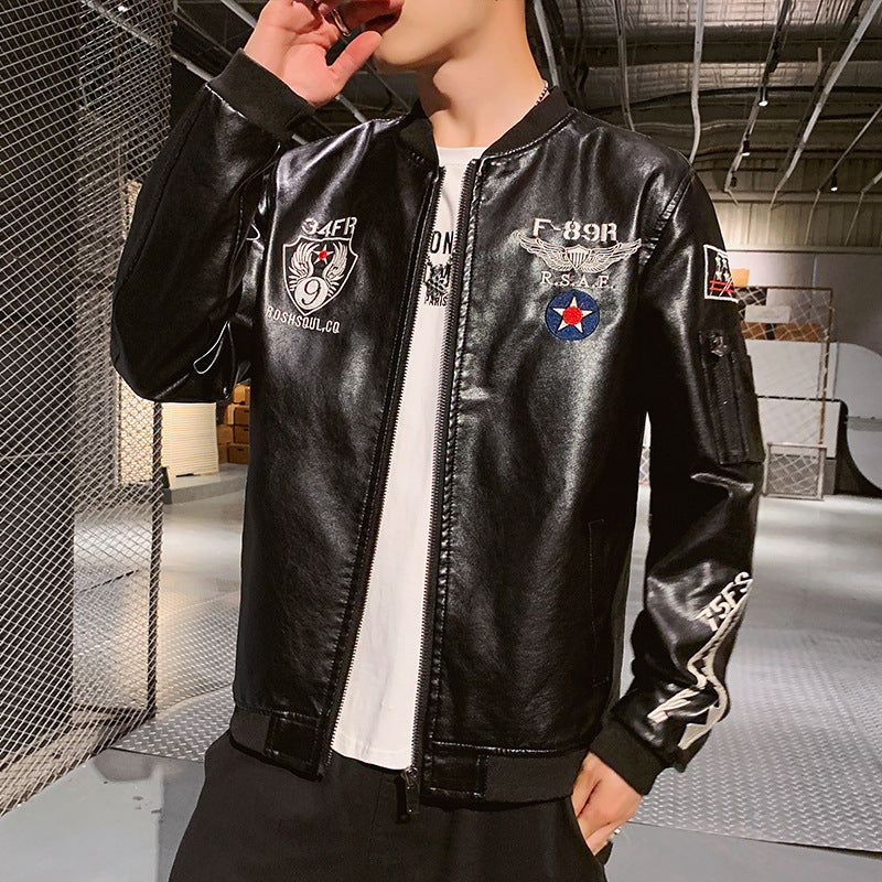 Men's Motorcycle Leather Jacket Embroidered Leather Jacket