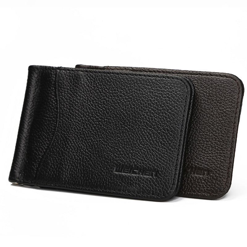 Man of men's wallet short casual embossed wallet ultra-thin mini metal clip PU leather wallet card package.