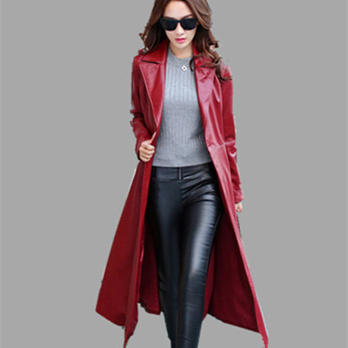 Thin PU leather long leather jacket