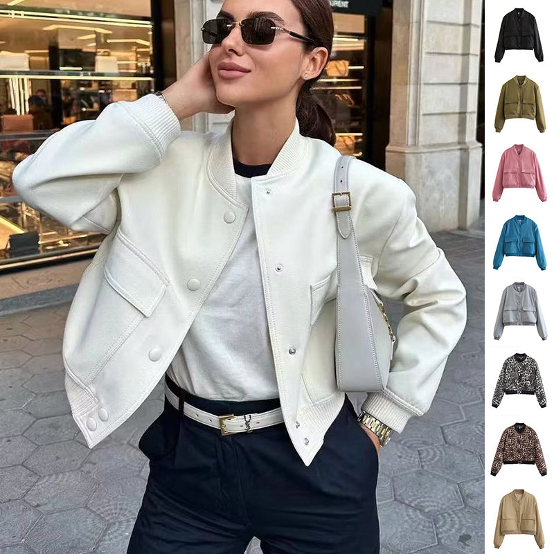 Casual Single-breasted Stand Collar Short Jacket With Pockets Fashion Long Sleeve Outwear Tops Coat For Womens Clothing