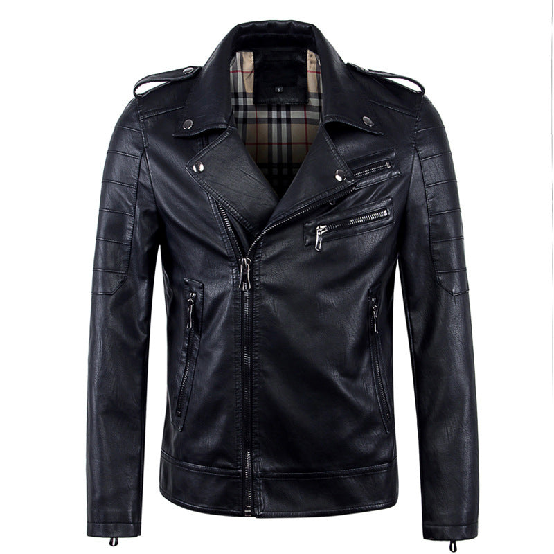 Men's leather lapel slim leather jacket