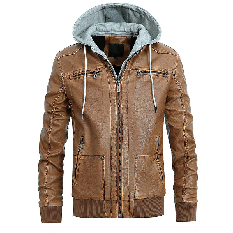 Detachable Hood Men's PU Leather Hooded Jacket Plus Velvet Leather Jacket