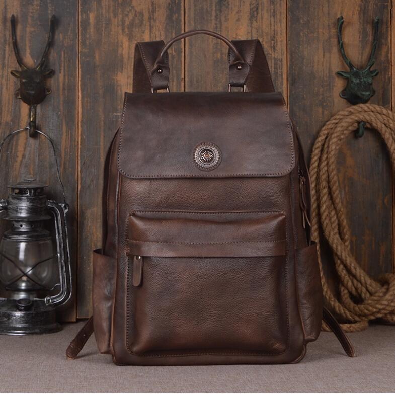 Leather Shoulder Backpack Head Layer Cowhide Computer Outdoor Travel Bag