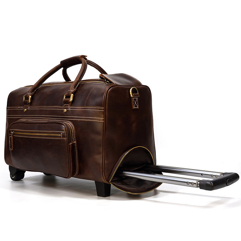 Men's Genuine Leather Trolley Case Retro Leather Travel Bag