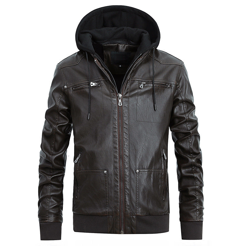 Detachable Hood Men's PU Leather Hooded Jacket Plus Velvet Leather Jacket