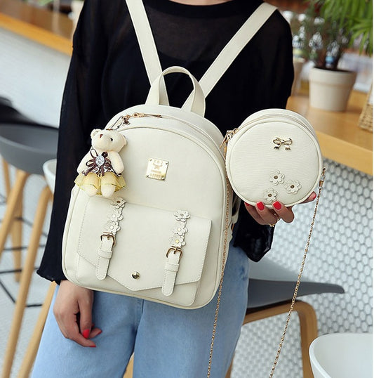 Fashion 3pcs Set Bag Women Leather Backpack Cute School Backpacks For Teenage Girls Female Shoulder Bag Flowers Purse