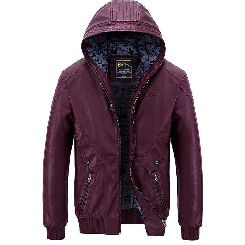 Thickened leather hooded jacket