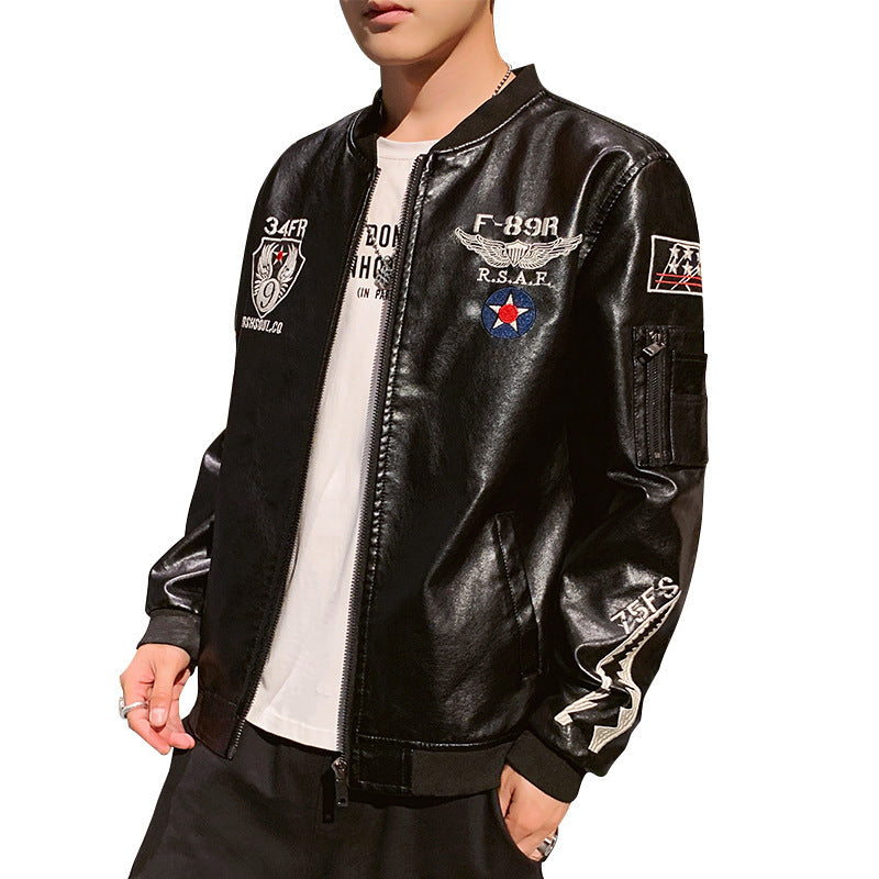 Men's Motorcycle Leather Jacket Embroidered Leather Jacket