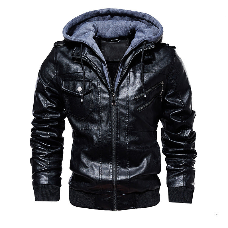 Men's Leather Jacket Men's PU Leather Hooded Leather Jacket