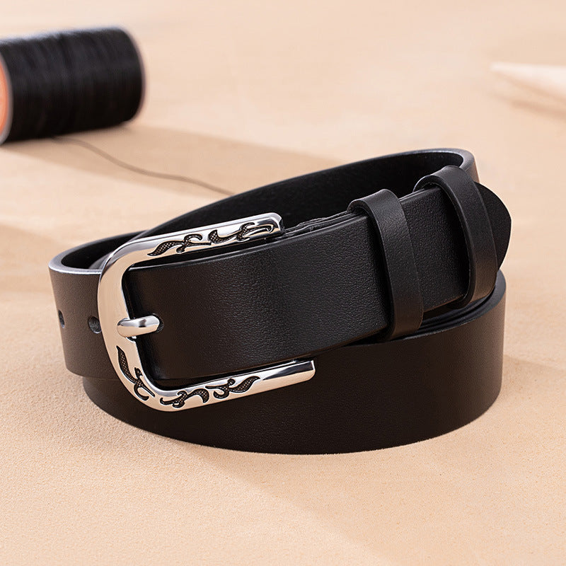 Patterned Alloy Buckle Leather Thin Women's Belts