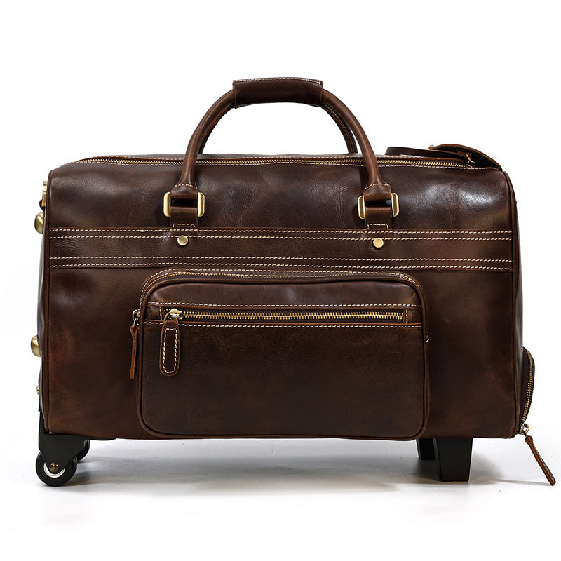 Men's Genuine Leather Trolley Case Retro Leather Travel Bag