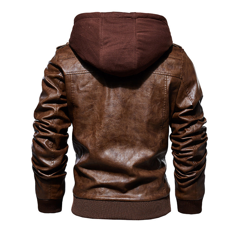 Men's Leather Jacket Men's PU Leather Hooded Leather Jacket